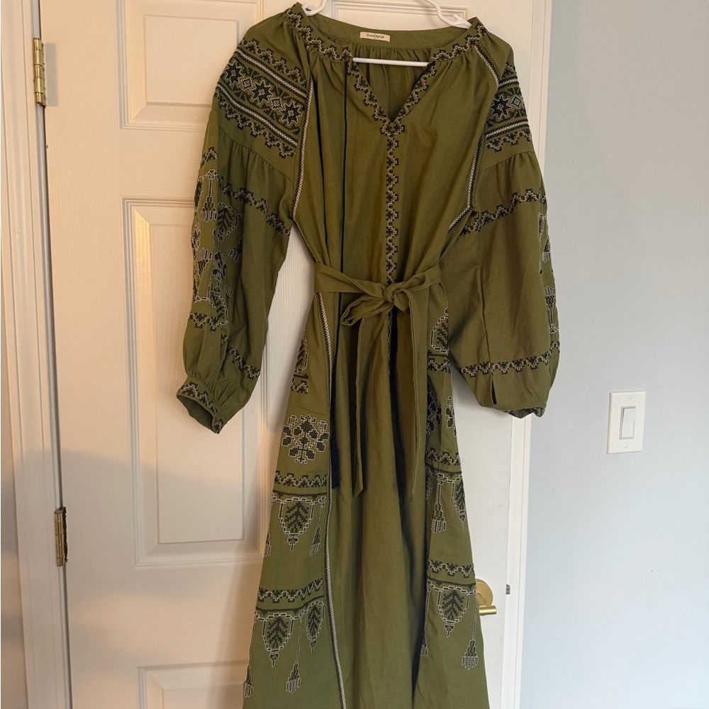 Olive Embroidered Long Sleeve Dress